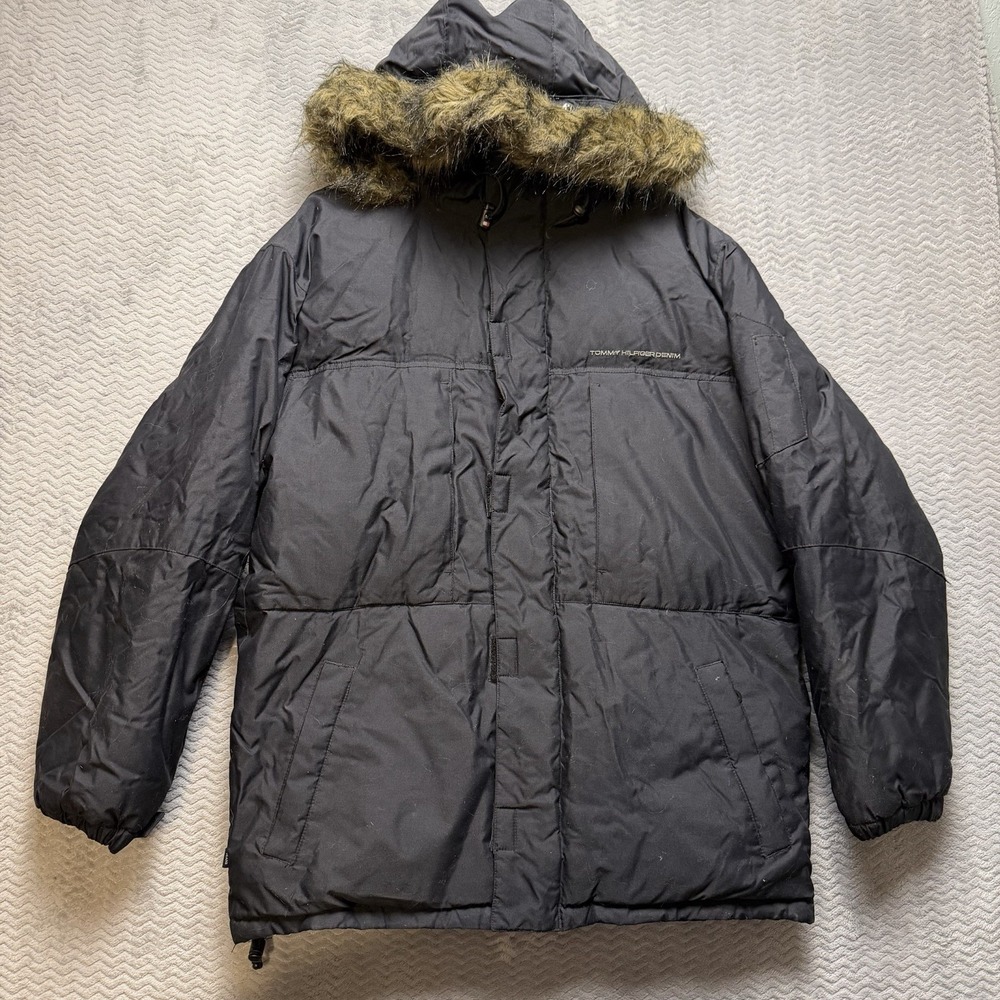 Tommy Hilfiger Men Black Heavy Parka Faux Fur Removable Hood Coat Size M 78J9389